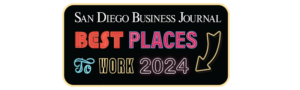 San Diego Business Journal Best Places to Work 2024 promotional banner with colorful text and arrow graphic.